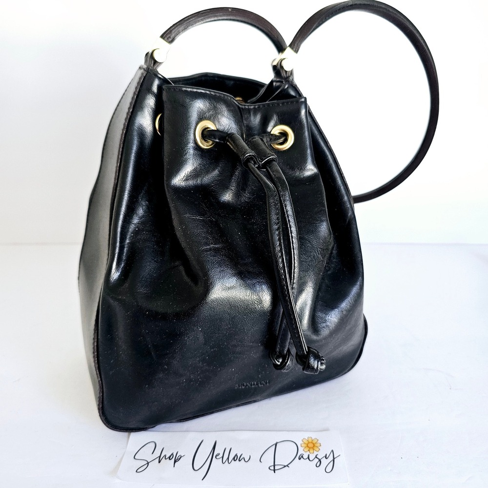 Vintage‎ Mondani Black Bucket Bag Drawstring Shoulder Purse Gold Hardware Retro